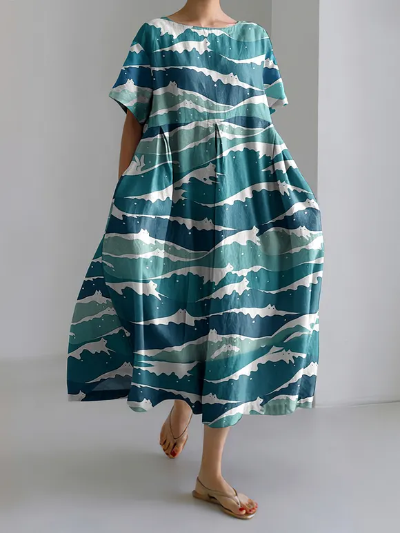 Abstract Creative Wave Cute Cat Painting Art Linen Blend Dress
