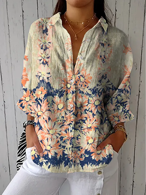 Women's Vintage Floral Art Print Casual Cotton Linen V-neck Shirt