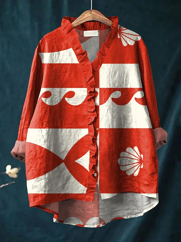 Women's Simple Color Block Fish Art Print Casual Cotton And Linen Ruffle Shirt