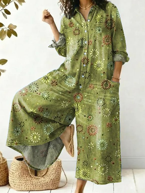 Women's Vintage Pattern Art Print Casual Cotton Jumpsuit