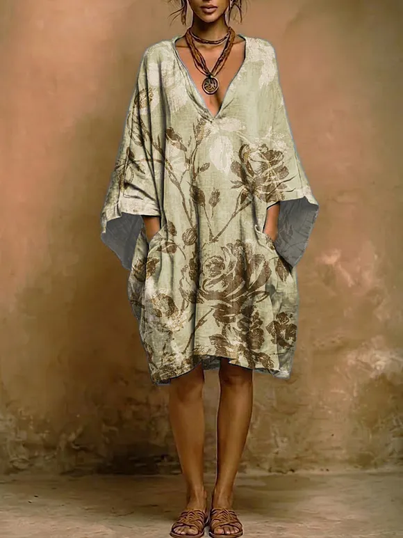 Bohemian-style Vintage Botanical Print Cotton-linen Dress