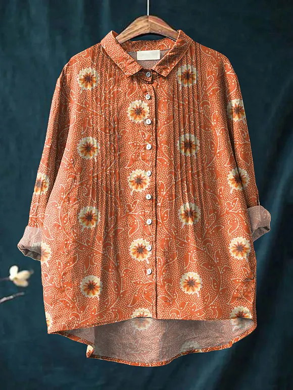 Women's Vintage Floral Art Print Casual Cotton And Linen Ruffle Shirt