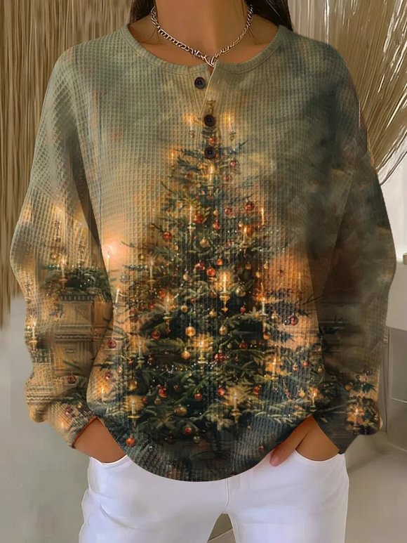 Women's Vintage Christmas Tree Art Print Casual Cotton Waffle Sweatshirt