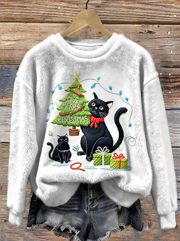 Vintage Christmas Cat Pattern Long Sleeve Sweatshirt