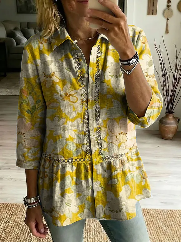 Floral Flowers Art Patterns Casual Patchwork Openwork Webbing Linen And Cotton Shirt