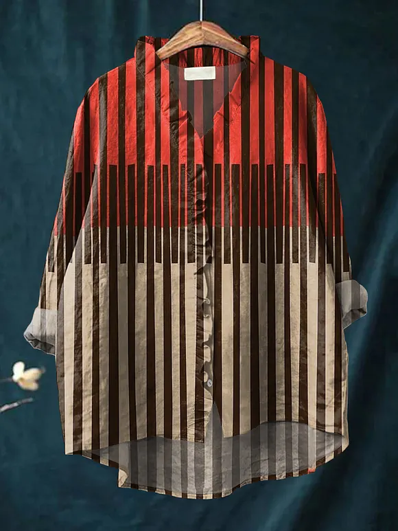 Women's Vintage Abstract Geometric Art Print Casual Cotton And Linen Ruffle Shirt