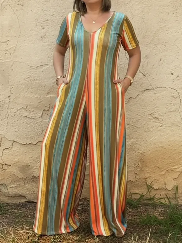 Cozy Rainbow-colored V-neck Wide-leg Jumpsuit
