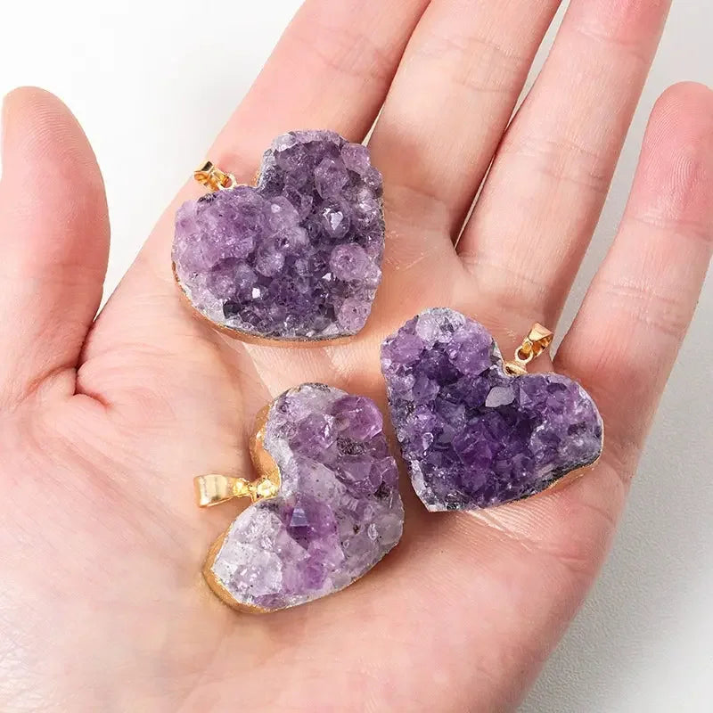 Amethyst Druzy Heart Pendant Necklace pendant in hand for size reference