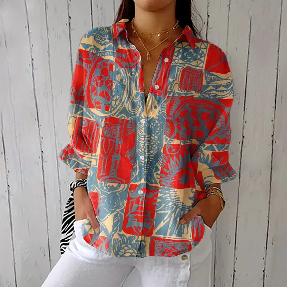 Women's Vintage Abstract Art Print Casual Linen V-neck Shirt