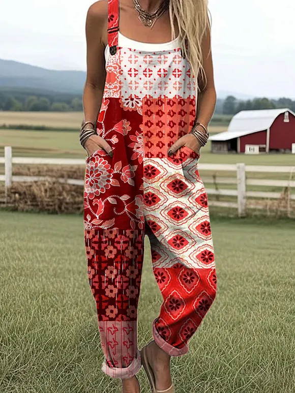 Women's  Patchwork Floral Art Print Casual 100% Cotton Wide Leg Jumpsuit