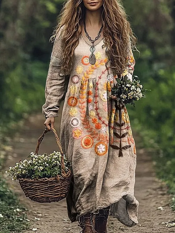Vintage Floral Pocket Dress with Delicate Embroidery
