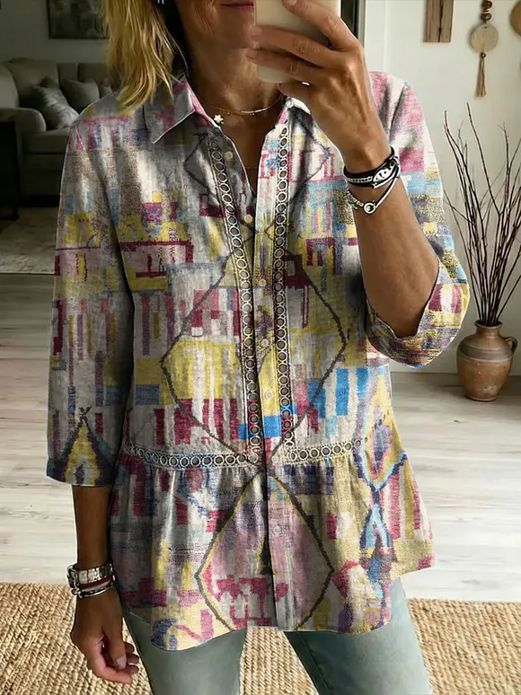Floral Flowers Art Patterns Casual Patchwork Openwork Webbing Linen And Cotton Shirt