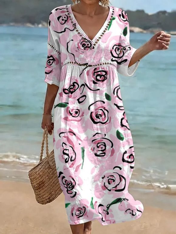 Women's Retro Floral Pattern Art Print Casual Stylish Cotton Linen Dress