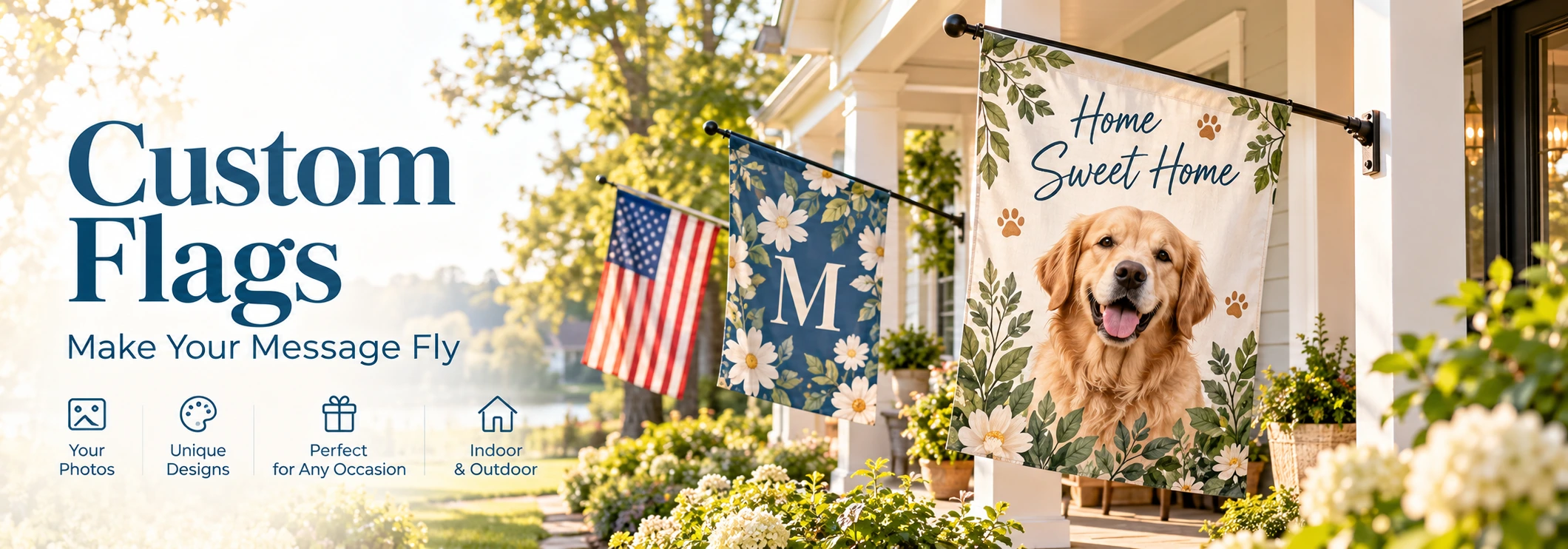 Custom flags banner featuring personalized porch flags in a bright outdoor home setting