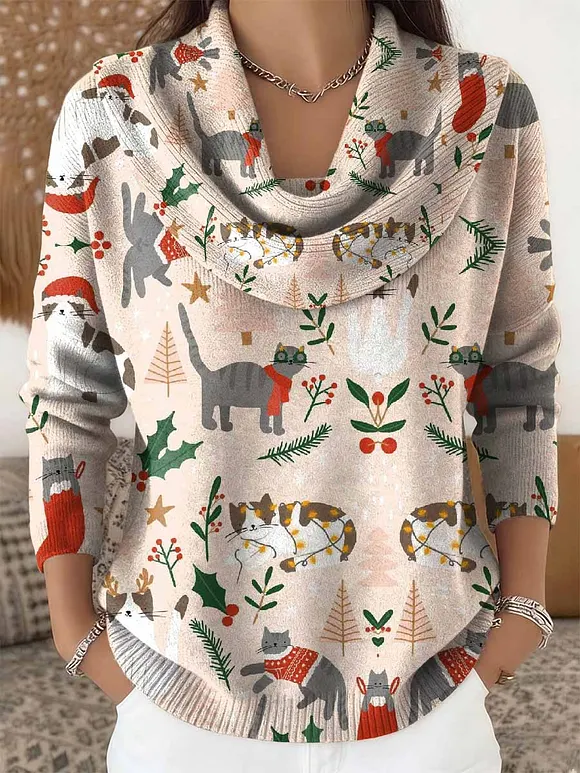 Women's Retro Christmas Cat Pattern Long Sleeve Sweater