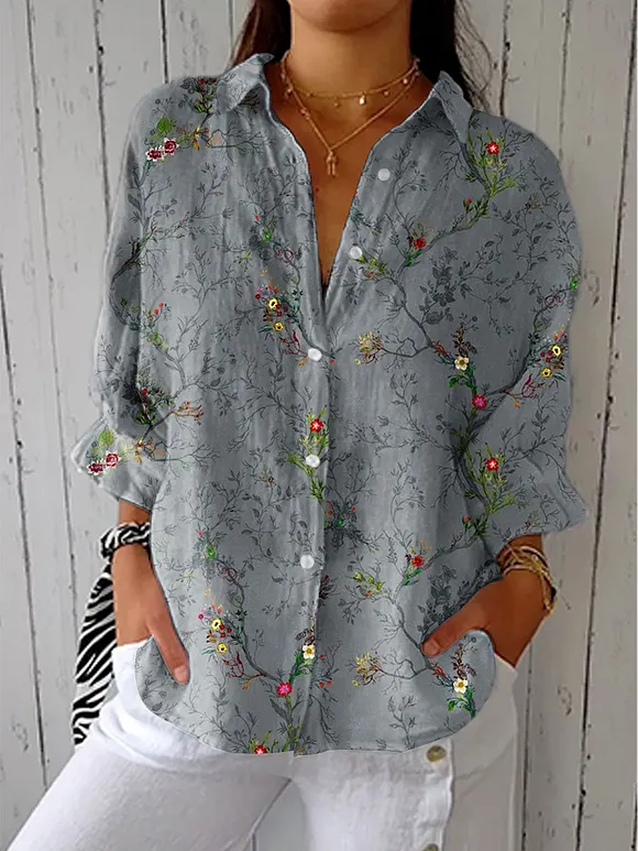Women's Vintage Flower Art Print Casual Linen V-neck Shirt