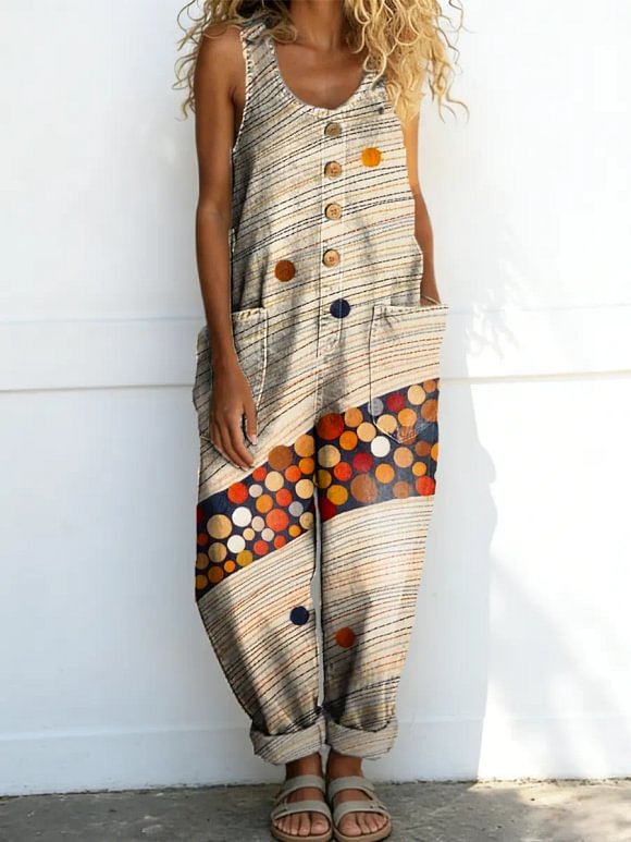 Women's Abstract Pattern Art Print Casual Cotton Denim Jumpsuit