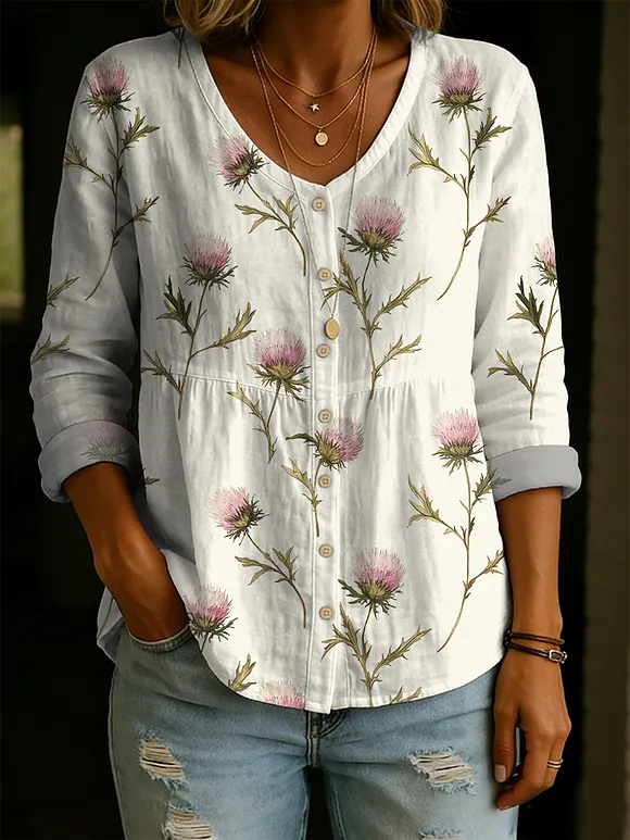 Women'svintage Elegant Floral Decorative Pattern Linen And Cotton Shirt