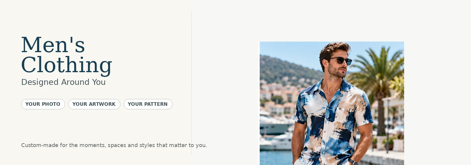 Custom men's printed shirt in a coastal lifestyle setting