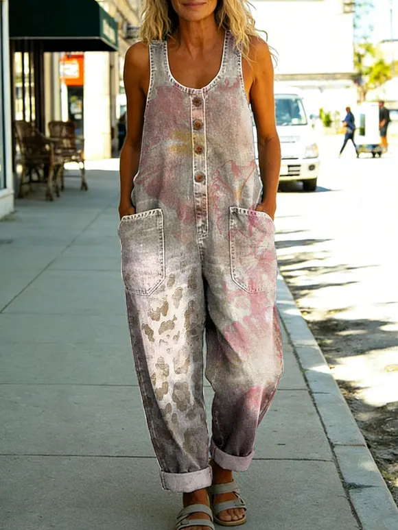 Women's Flowers Floral Casual Cotton Vest Denim Jumpsuit