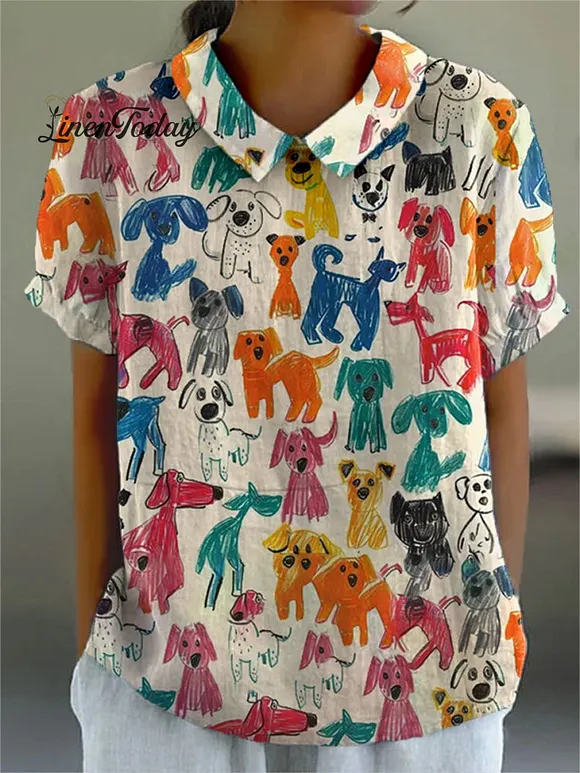 Women's Cute Kid Drawing Dog Print Casual Cotton And Linen Shirt