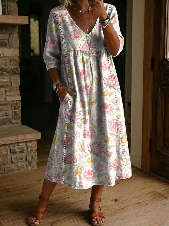 Women's Flower Print Casual Loose-fit Cotton-linen Dress With Lace Trim And Paneling
