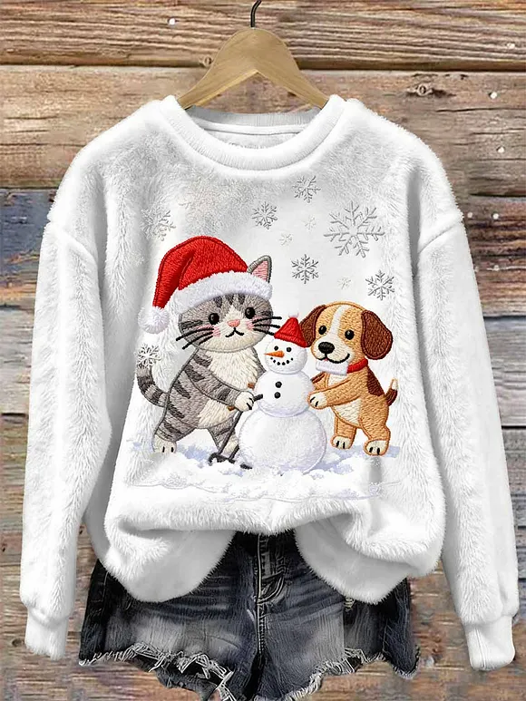 Vintage Christmas Cat Pattern Long Sleeve Sweatshirt