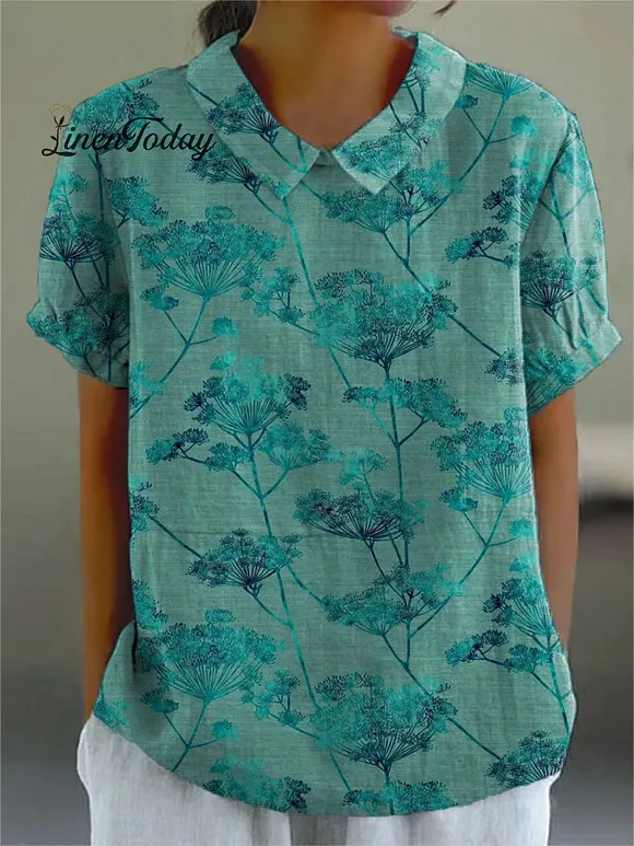 Women's Vintage Flower Art Print Casual Cotton And Linen Shirt