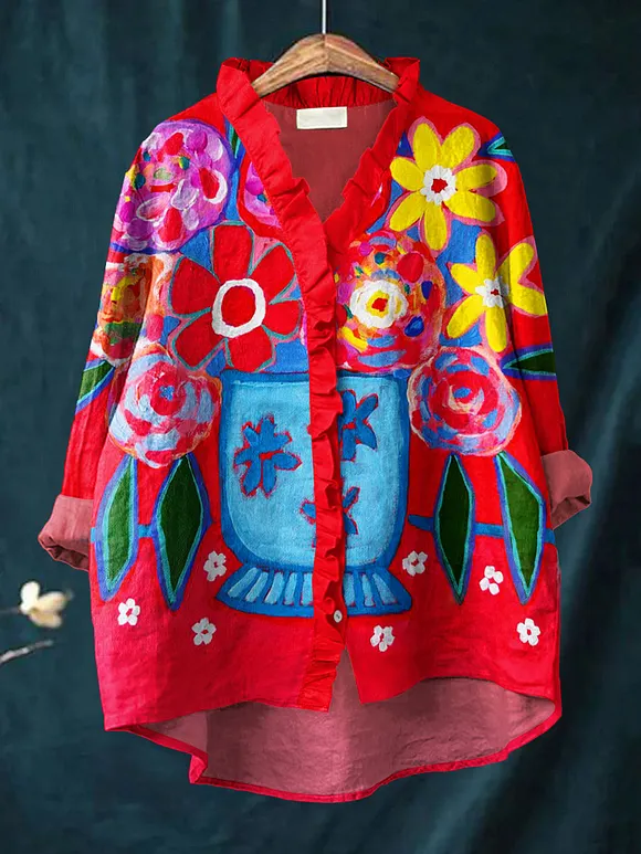 Women's Vintage Abstract Floral Art Print Casual Cotton And Linen Ruffle Shirt