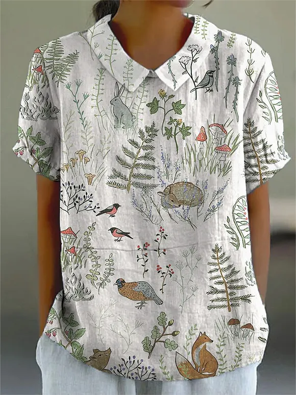 Tranquil Woodland And Animal Pattern Printed Women's Casual Cotton And Linen Shirt