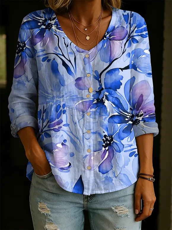Women's Watercolor Flower Painting Art Decorative Pattern Linen And Cotton Shirt