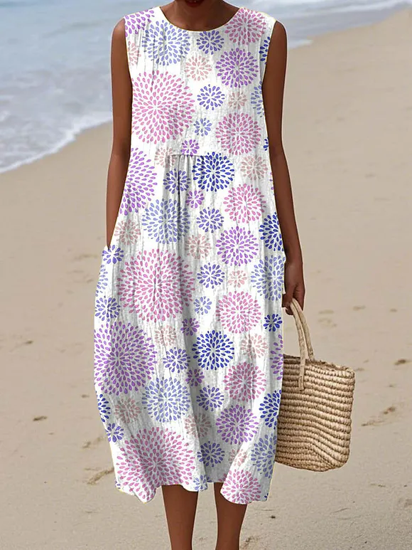 Women's Abstract Pattern Art Print Sleeveless Cotton Pocket Wrap Dress