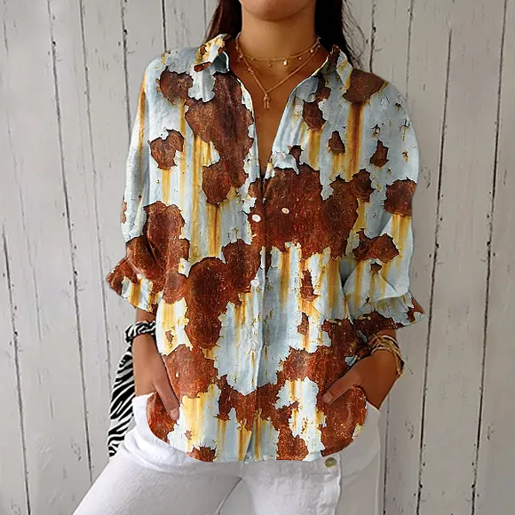 Women's Vintage Abstract Rust Texture Art Print Casual Linen V-neck Shirt