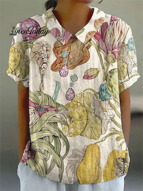 Women's Vintage Flower Print Casual Cotton And Linen Shirt
