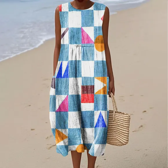 Women's Colorful Geometric Block Art Print Sleeveless Cotton Pocket Wrap Dress