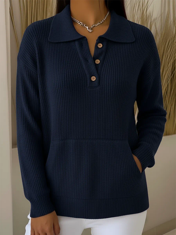 Casual Polo Neck Button Pocket Knit Pullover