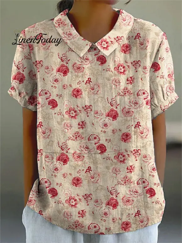 Women's Floral  Print Casual Cotton And Linen Shirt