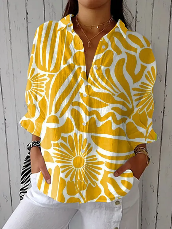 Women's  Vintage Flower Art Print Casual Linen V-neck Shirt