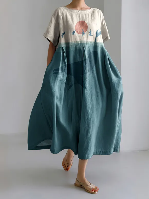 Japanese Art I Like A Bird Whale Art Print Painting Print Linen Blend Dress
