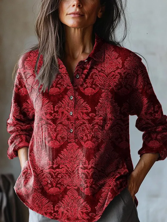 Women's Vintage Lovely Floral Art Print Casual Cotton And Linen Shirt