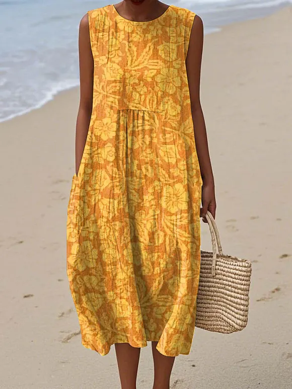 Women's Vintage Lovely Floral Pattern Art Print Sleeveless Cotton Pocket Wrap Dress