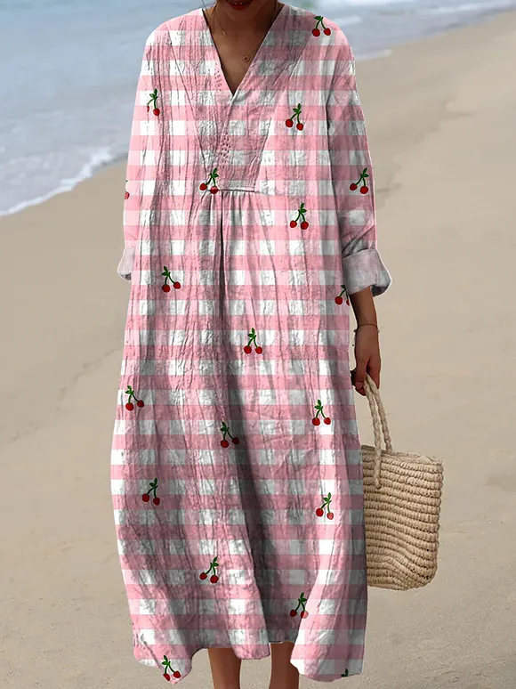 Summer Cherry and Checkered Pattern Printed Dress