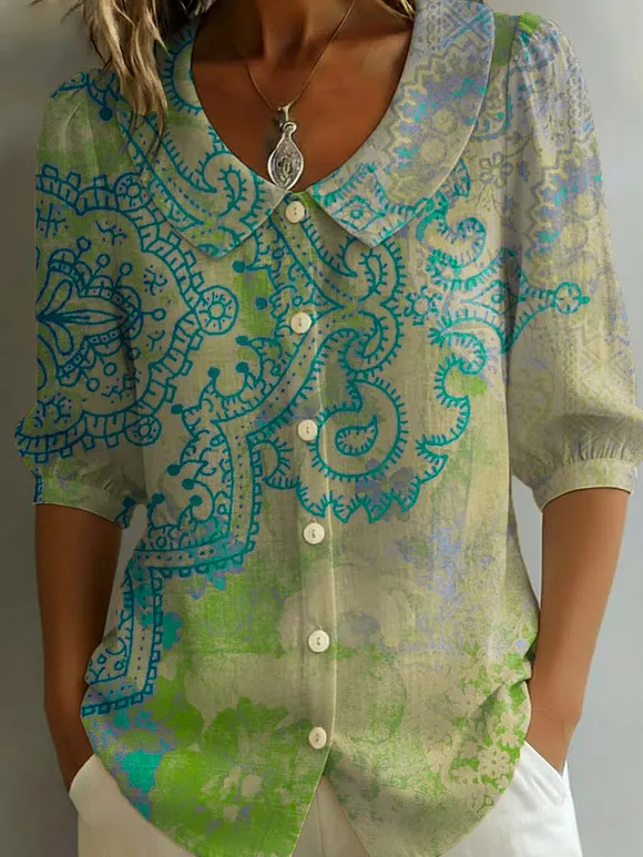Women's Retro Floral Art Print Casual Stylish Cotton Linen Shirt