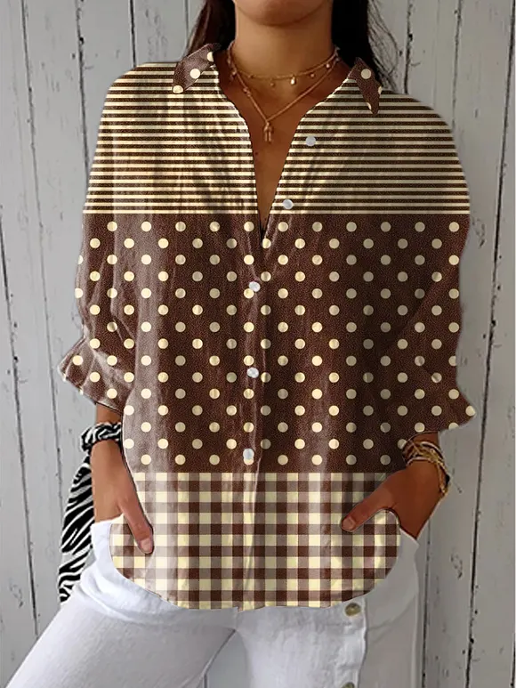 Women's Retro Polka Dot Geometric Art Print Casual Linen V-neck Shirt