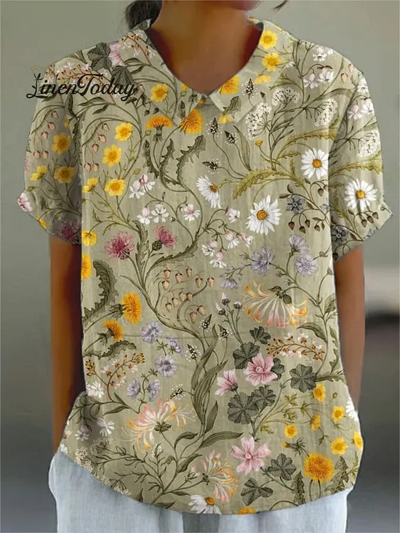 Women's   Flower Art Print Casual Cotton And Linen Shirt
