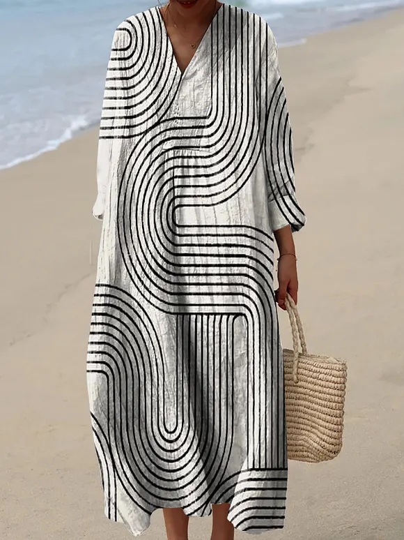 Cotton Dress with Artistic Abstract Linework Pattern