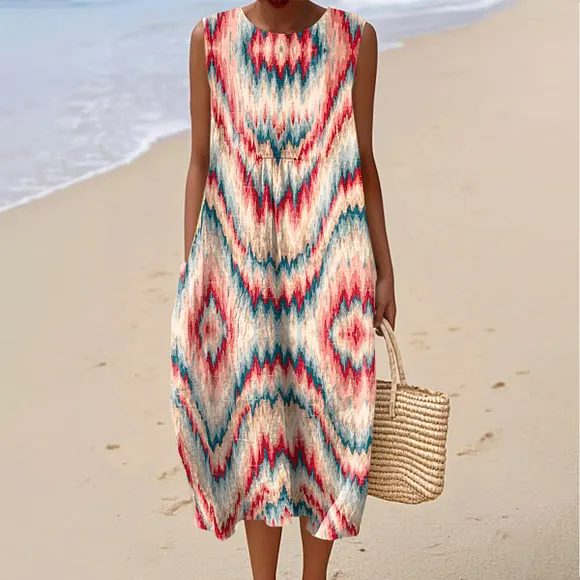 Women's Vintage Abstract Geometry Art Print Sleeveless Cotton Pocket Wrap Dress