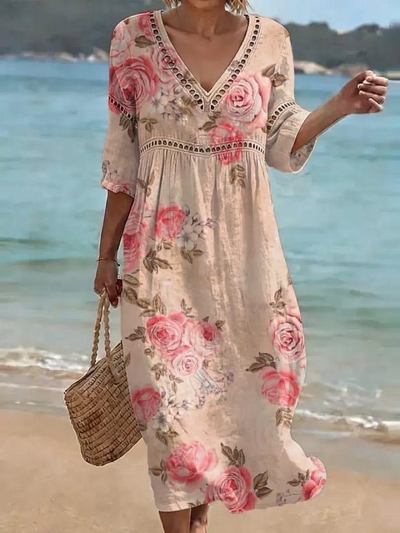 Women's Retro Floral Pattern Art Print Casual Stylish Cotton Linen Dress