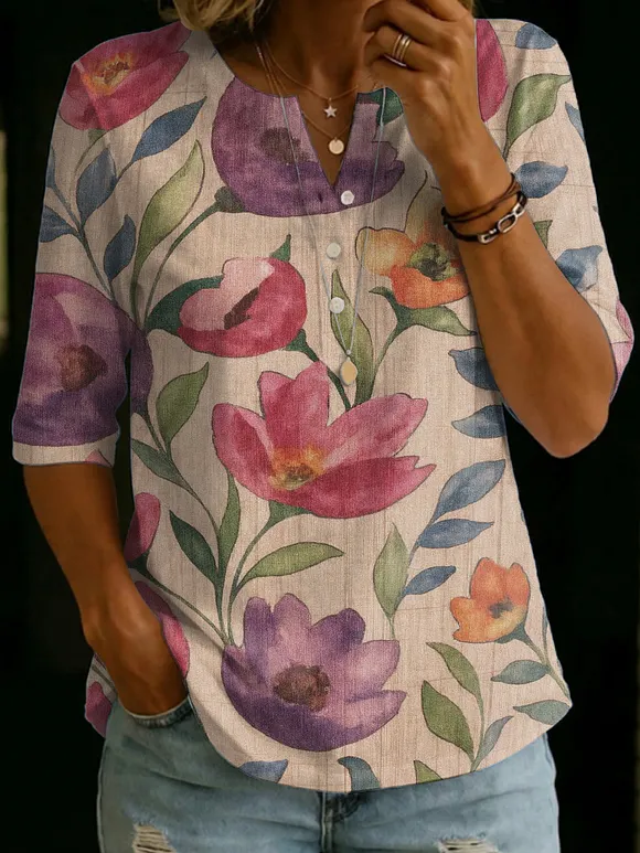 Vintage Painted Floral Decorative Patterns Women's Casual Cotton Shirt