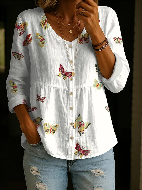 Women's Retro Butterfly Art Print Linen Cotton Shirt